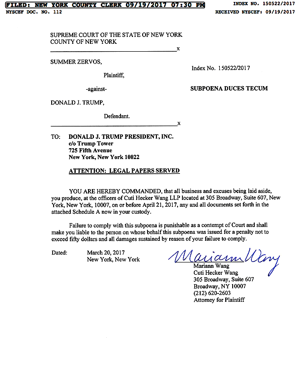 Summer Zervos subpoenas Trump campaign, page 1